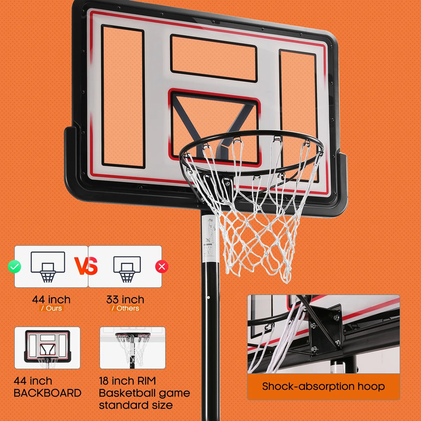 44In Portable Basketball Hoop with Height Adjustable 6.56Ft to 10Ft Basketball Goals for Youth Teenagers Indoor Outdoor(With Free Basketabll)