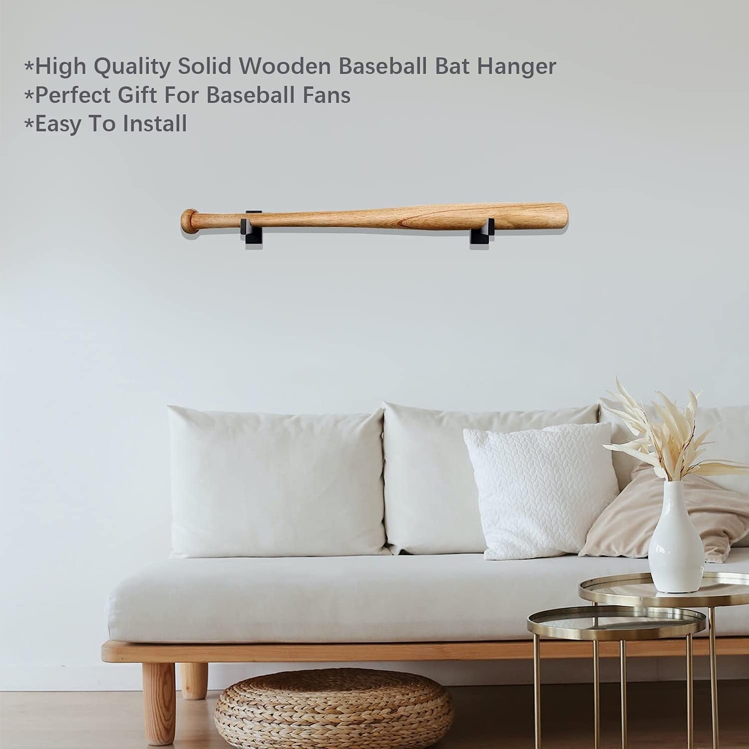 Baseball Bat Wall Mount Baseball Bat Holder Horizontal Rack Brackets Hanger- Solid Wood Baseball Bat Protect Hidden Screws- Black