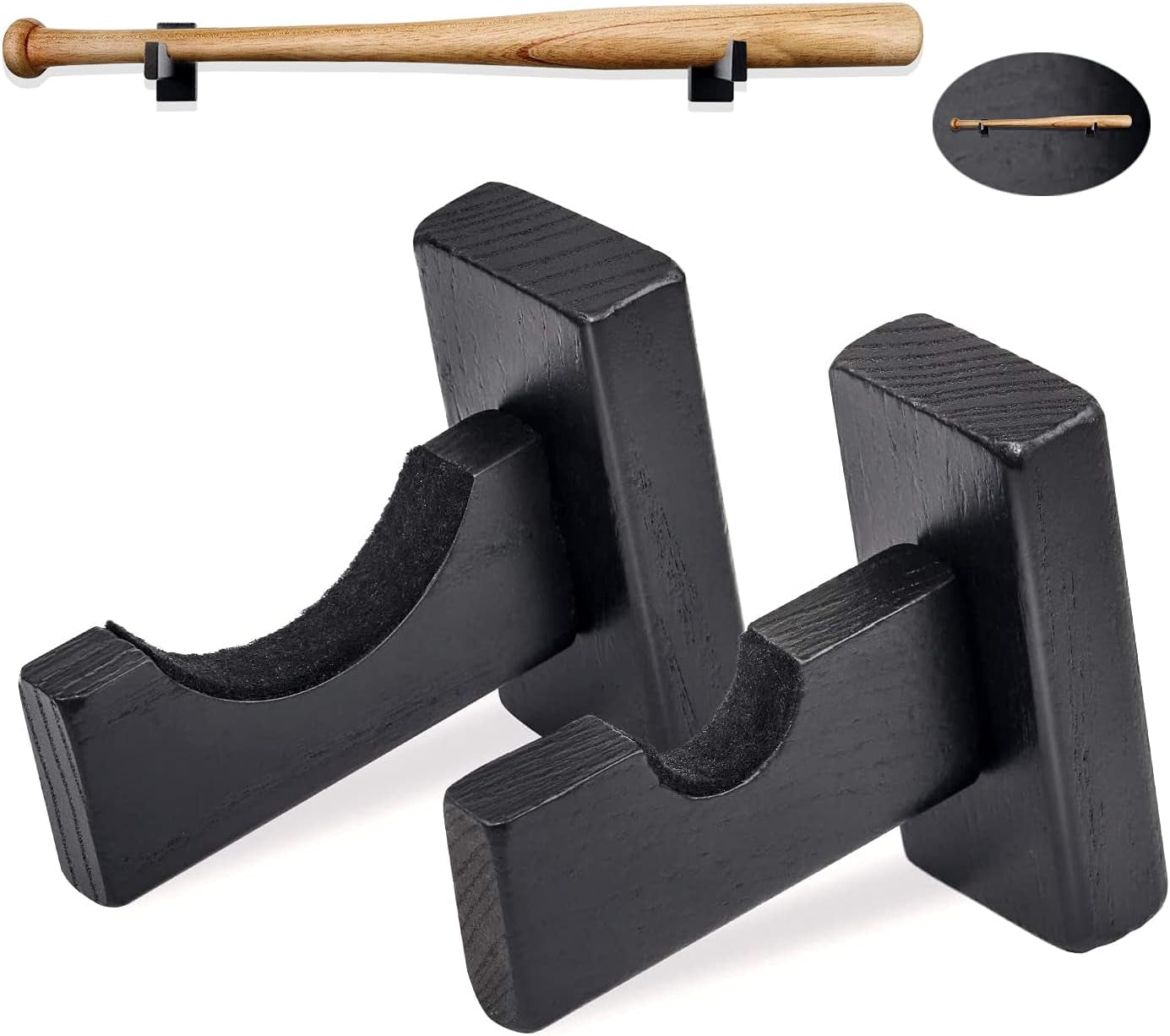 Baseball Bat Wall Mount Baseball Bat Holder Horizontal Rack Brackets Hanger- Solid Wood Baseball Bat Protect Hidden Screws- Black