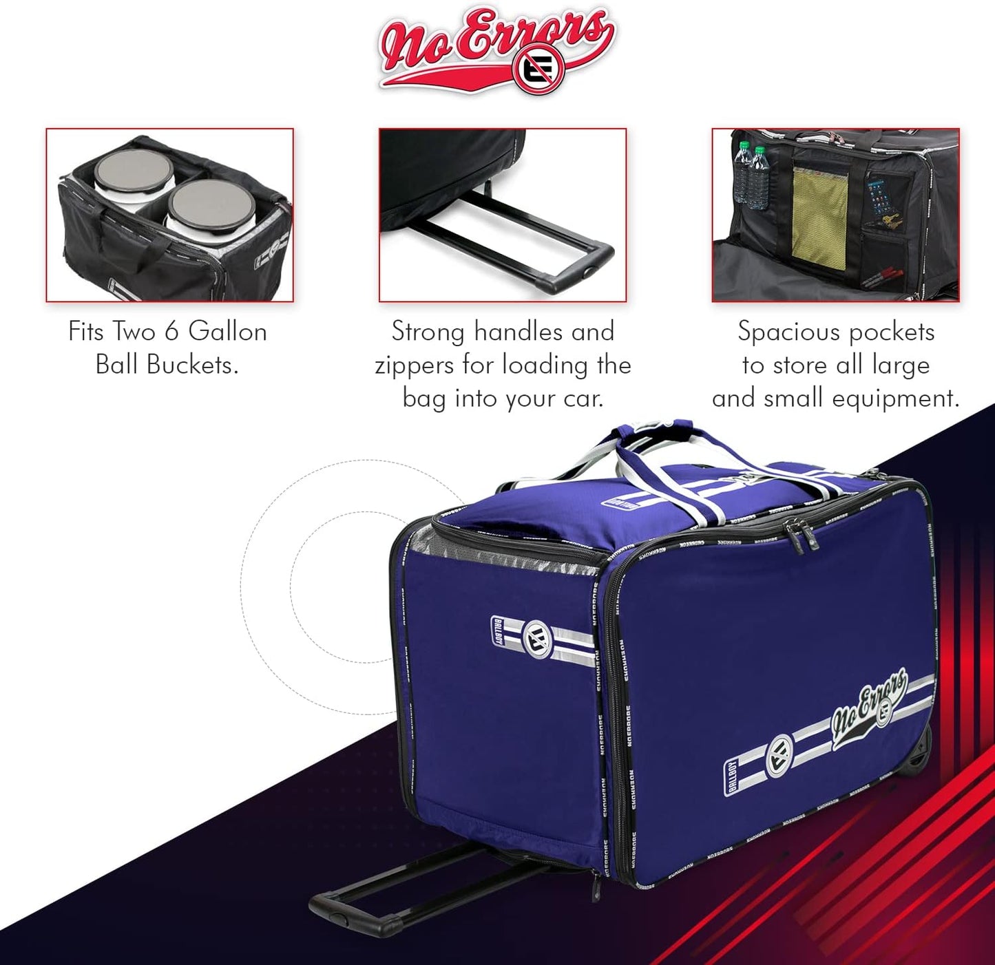 No Errors Ball Boy XL Wheeled Baseball Coaches Bag - Heavy Duty Baseball and Softball Bag for Coaches - Holds Two 6 Gallon Ball Buckets and Coaching Equipment