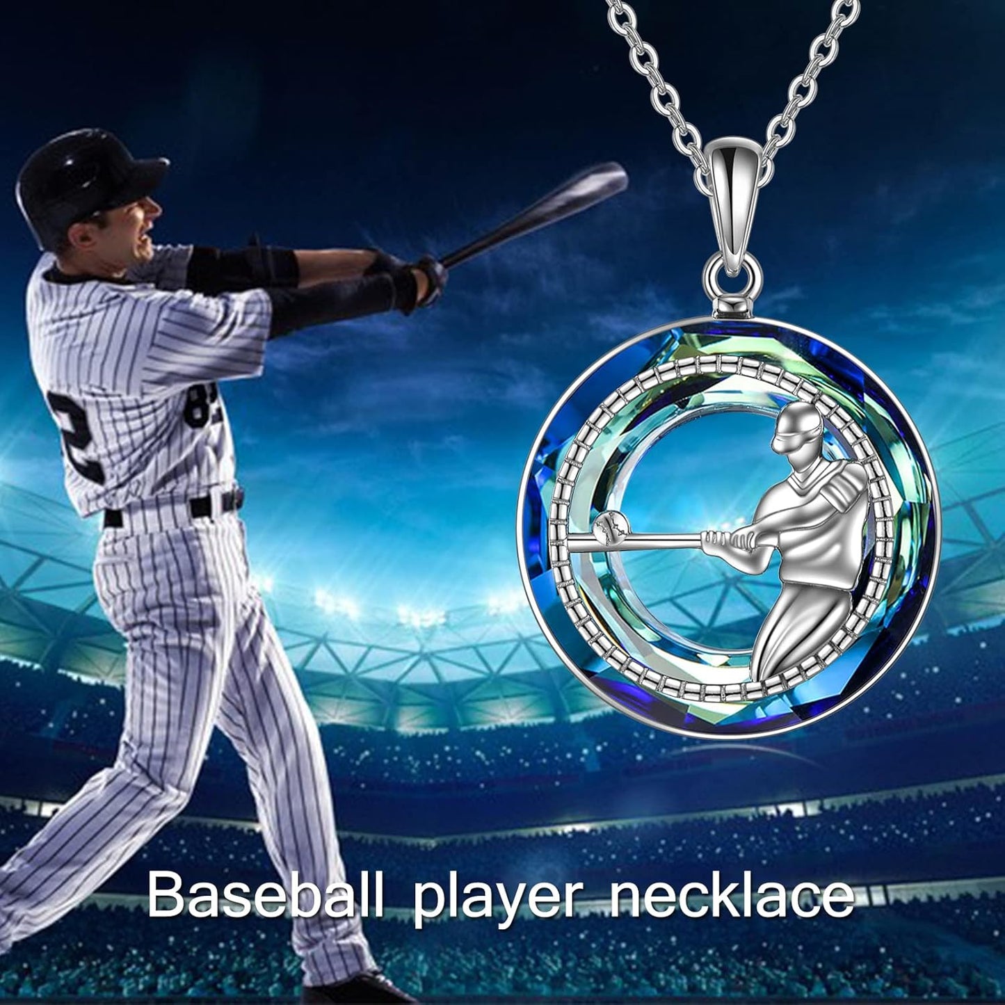 Baseball Necklaces Gifts for Men Teen Boys Sterling Silver Crystal Baseball Player Bat Pendant Necklace Softball Jewelry for Baseball Lover