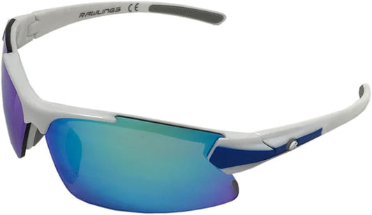 Kids Sunglasses for Baseball and Youth Softball Sunglasses - 100% UV Lightweight Poly Lens with Stylish Shield Lenses - White/Blue