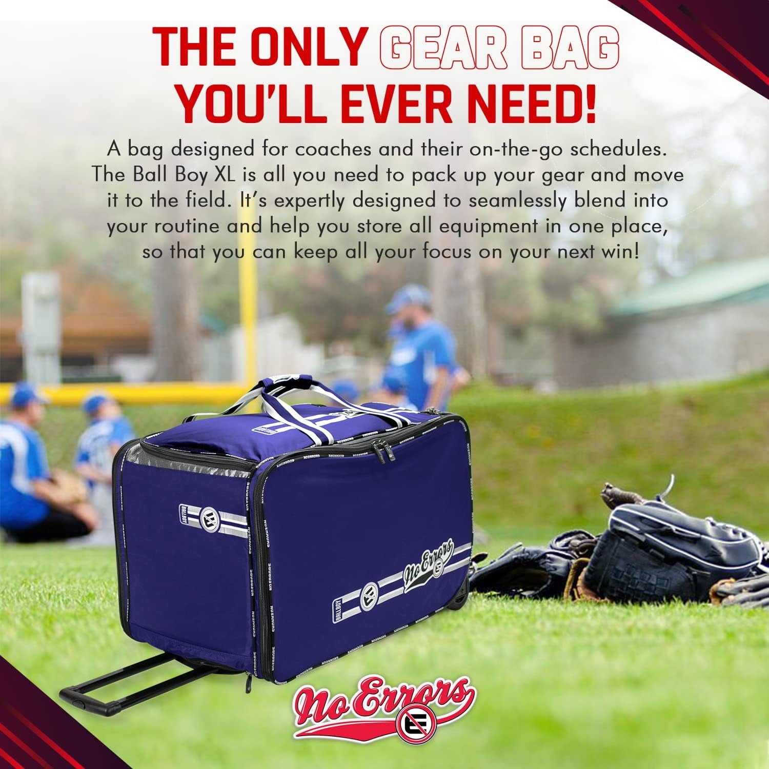 No Errors Ball Boy XL Wheeled Baseball Coaches Bag - Heavy Duty Baseball and Softball Bag for Coaches - Holds Two 6 Gallon Ball Buckets and Coaching Equipment