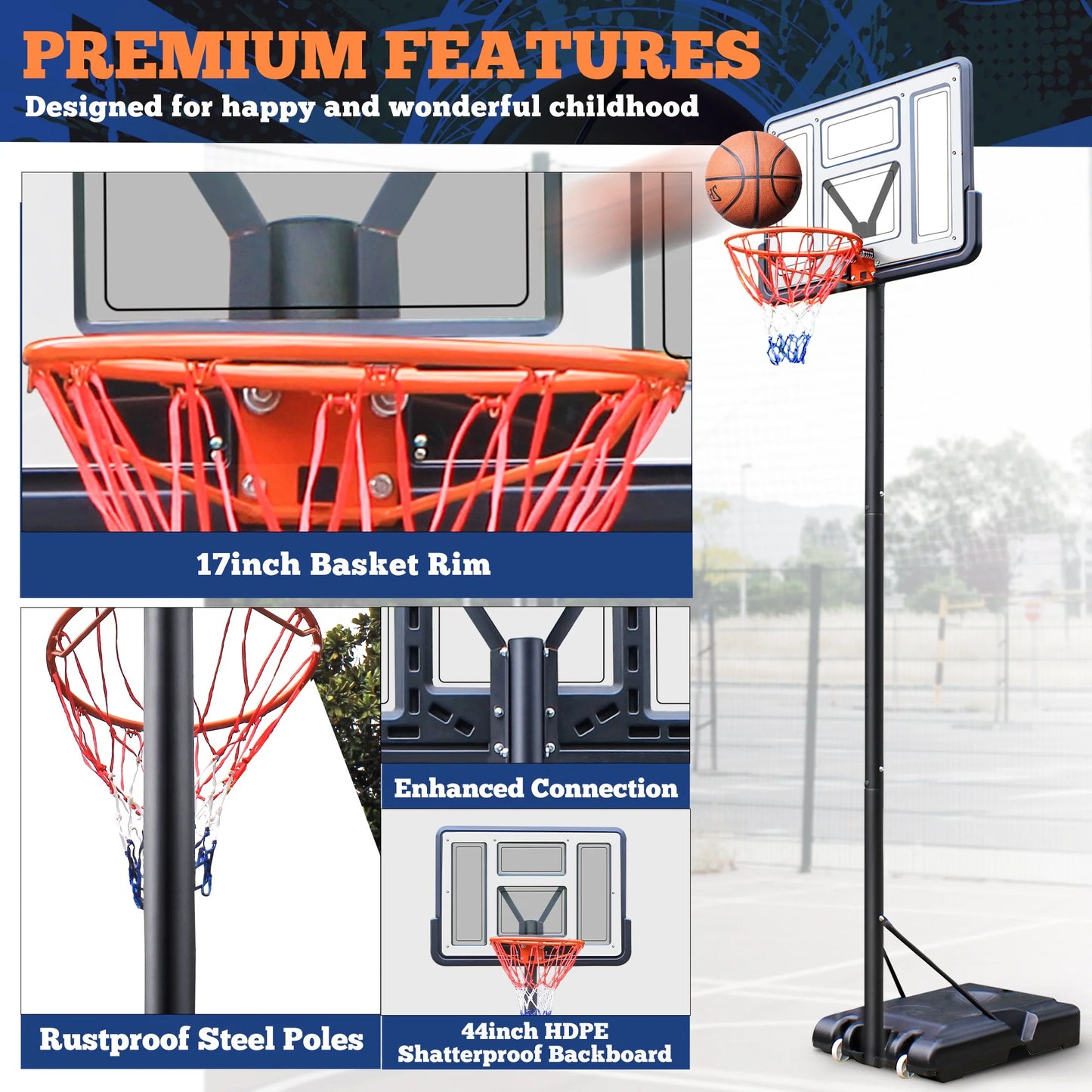 44" Portable Basketball Hoop System, 4.4-10 Ft Height Adjustable Basketball Goal System with Wheels and Shatterproof Backboard and Large Base for Adults Kids Outdoor Indoor Court